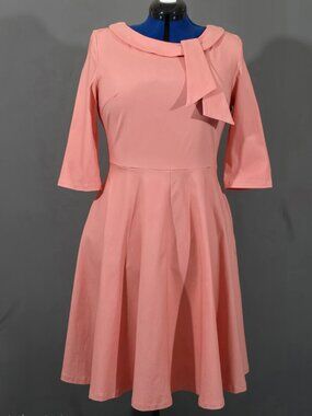Womens Fit Flare Dress XL Coral Vintage Retro Bow 3/4 Sleeve Cocktail NWT